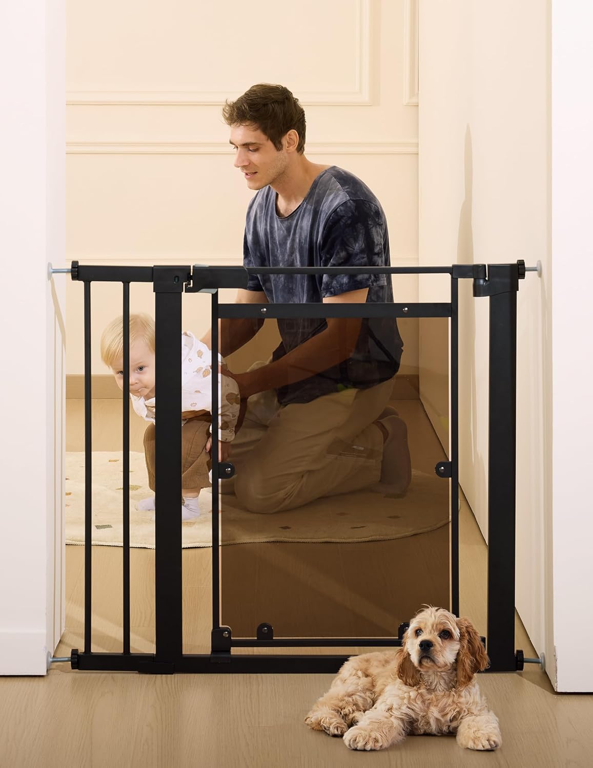 Babelio Clear Baby Gate, 29"-40" Door for doorways, Auto Close for Dog/Pet, Modern Acrylic, Elegance Meet Safety, Pressure Mounted for Child, Black