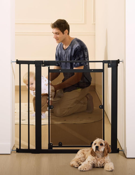 Babelio Clear Baby Gate, 29"-40" Door for doorways, Auto Close for Dog/Pet, Modern Acrylic, Elegance Meet Safety, Pressure Mounted for Child, Black