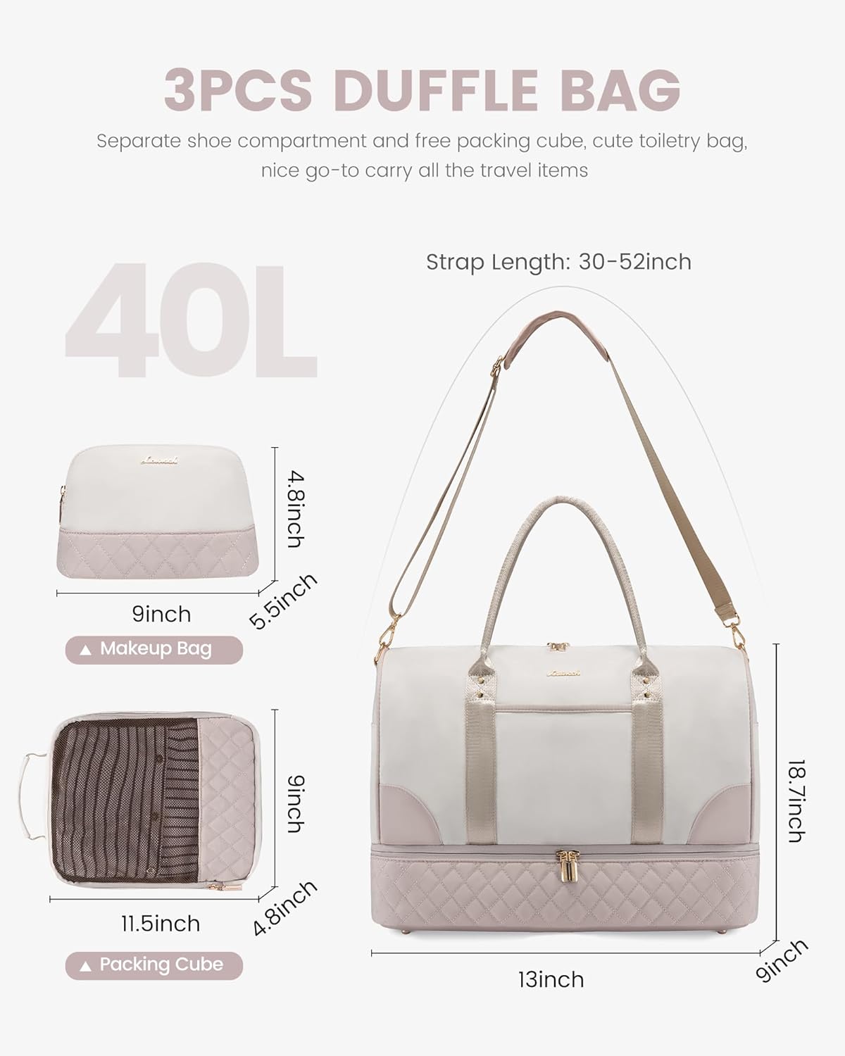 LOVEVOOK Travel Bag,Weekender Bag for Women Travel Duffle Bags with Shoe Compartment,Carry on Overnight with Wet Pocket,Hospital Bags for Labor and Delivery,3 Pcs Set