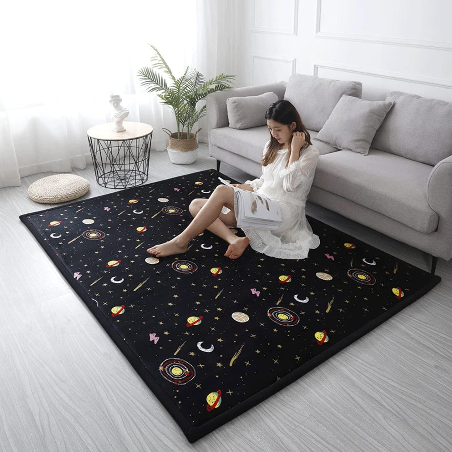 Loartee Coral Velvet Area Rug - 1" Thick Memory Foam Baby Play Mat, Washable Toddler Carpet, Home Decor for Living Room, Nursery, Kids Bedroom, Astral Black, 4'3"x6'3"