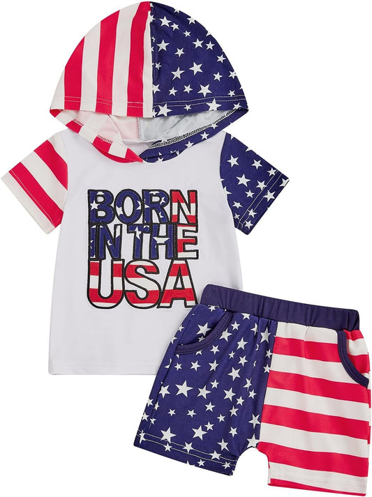 Toddler Baby Boy Summer Hooded Outfit Contrast Color Short Sleeve T Shirt Top Elastic Shorts Summer Clothes Set