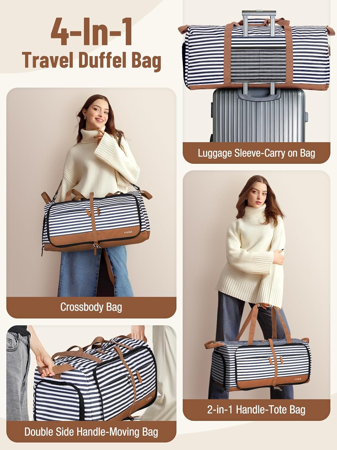 Lekesky Foldable Travel Duffle Bag for Women, 100L Large Duffel Bag with Separate Shoes Compartments & Straps, Carry On Weekend Bag for Women, Hospital, Overnight (Blue Stripes)