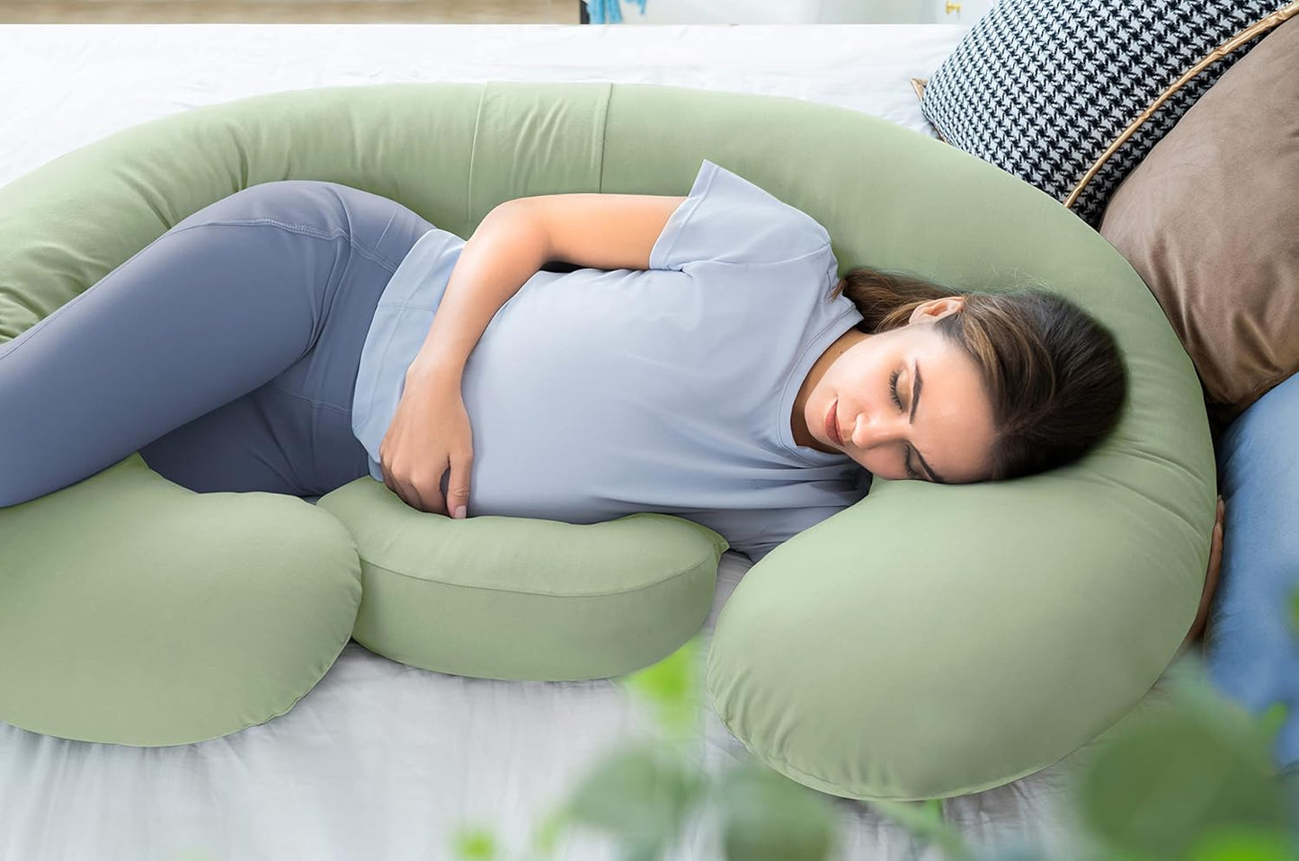 QUEEN ROSE Cooling Pregnancy Pillows - E Shaped Pregnancy Pillows for Sleeping, Detachable Body Pillow for Pregnant Side Sleeper, Cooling Silky Cotton Cover, Sage Green