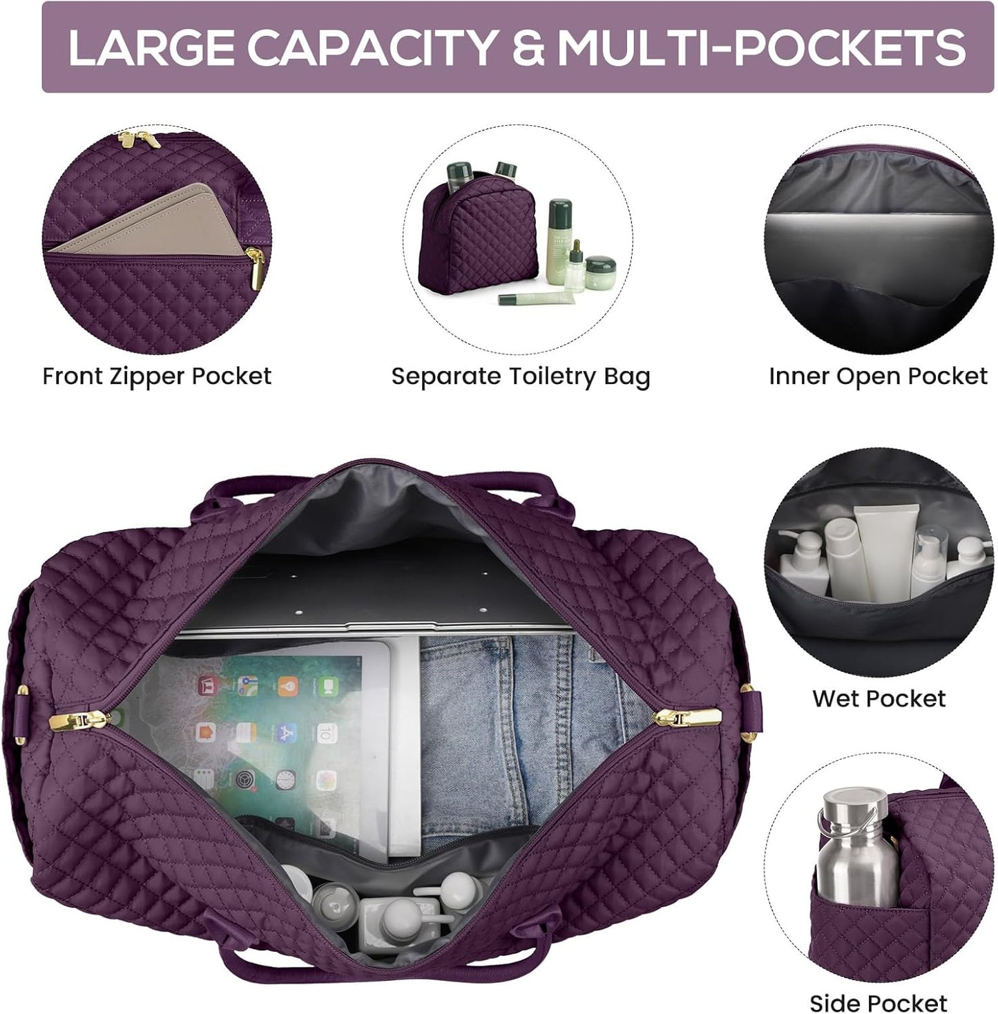 Travel Duffle Weekender Bags for Women - Carry on Overnight with Shoe Compartment Duffle Bag Hospital Bag Dark Purple
