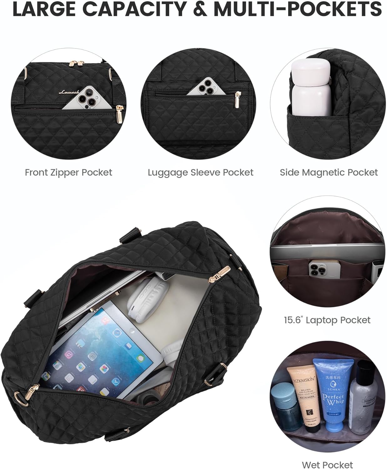 LOVEVOOK Travel Duffle Bag for Women, Weekender Overnight Bag with Shoe Compartment, Carry on Bag with Toiletry Bag, Gym Duffel Bag with Wet Pocket, Hospital Bags for Labor and Delivery 3 Pcs Set