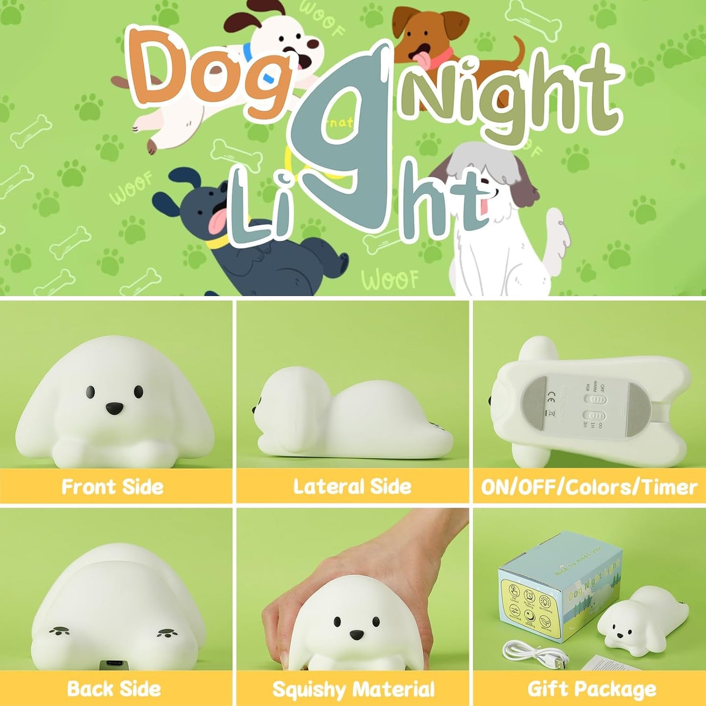 LOVERUIS Night Lights Squishy Light Dogs Colorful Night Light for Kids 1/3 Hours Timer Dimmable Puppy Gift Kid Dog Cute Decor