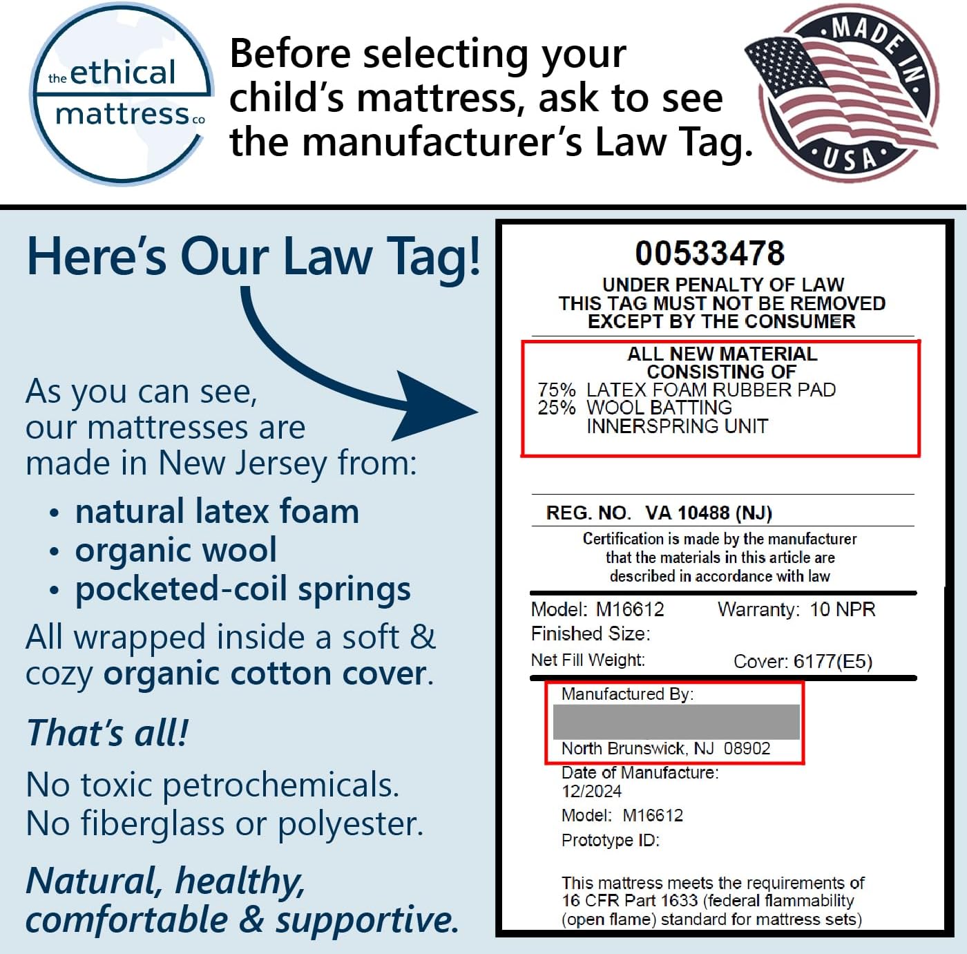 Ethical Mattress CO 6" Kid’s Mattress, Toxin-Free, Made in The USA with Organic Cotton, Wool, Latex & Pocketed Coils (Bed-in-a-Box); Perfect for bunk beds, trundles & Platform beds - Twin Size