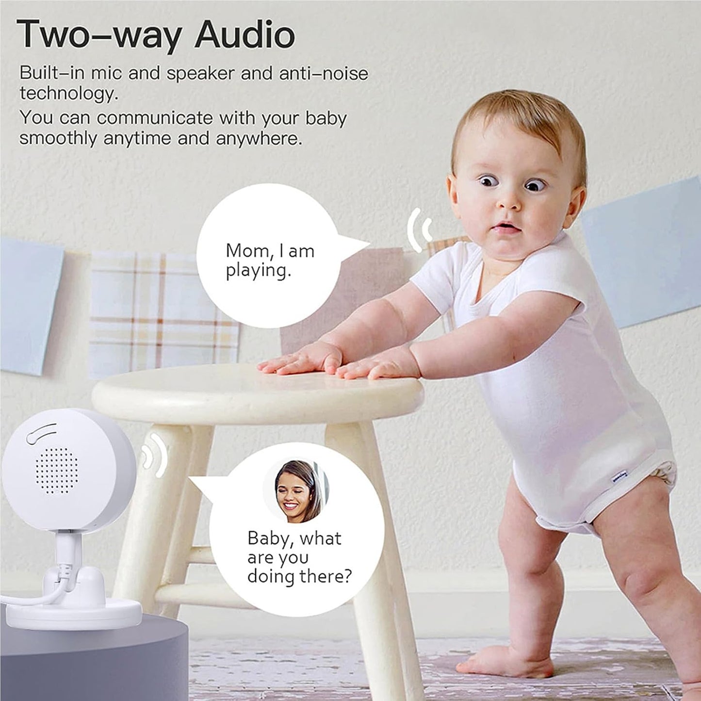 Baby Monitor with Camera and Audio, WiFi Indoor Video Baby Camera with Mount, Motion & Cry Detection, Temp & Humidity Sensor, Night Vision, 2 Way Audio, 4 Lullabies, APP Control