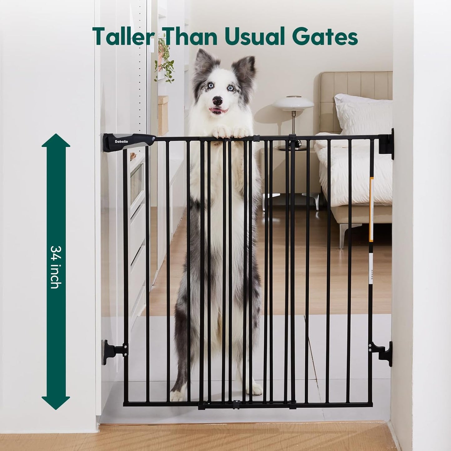 Babelio 34" Extra Tall Baby/Dog Gate with No Threshold Design Walk Thru Door, 26-43" Auto Close Safety Gate for Babies, Elders and Pets, Fits Doorways, Stairs, and Entryways, Black