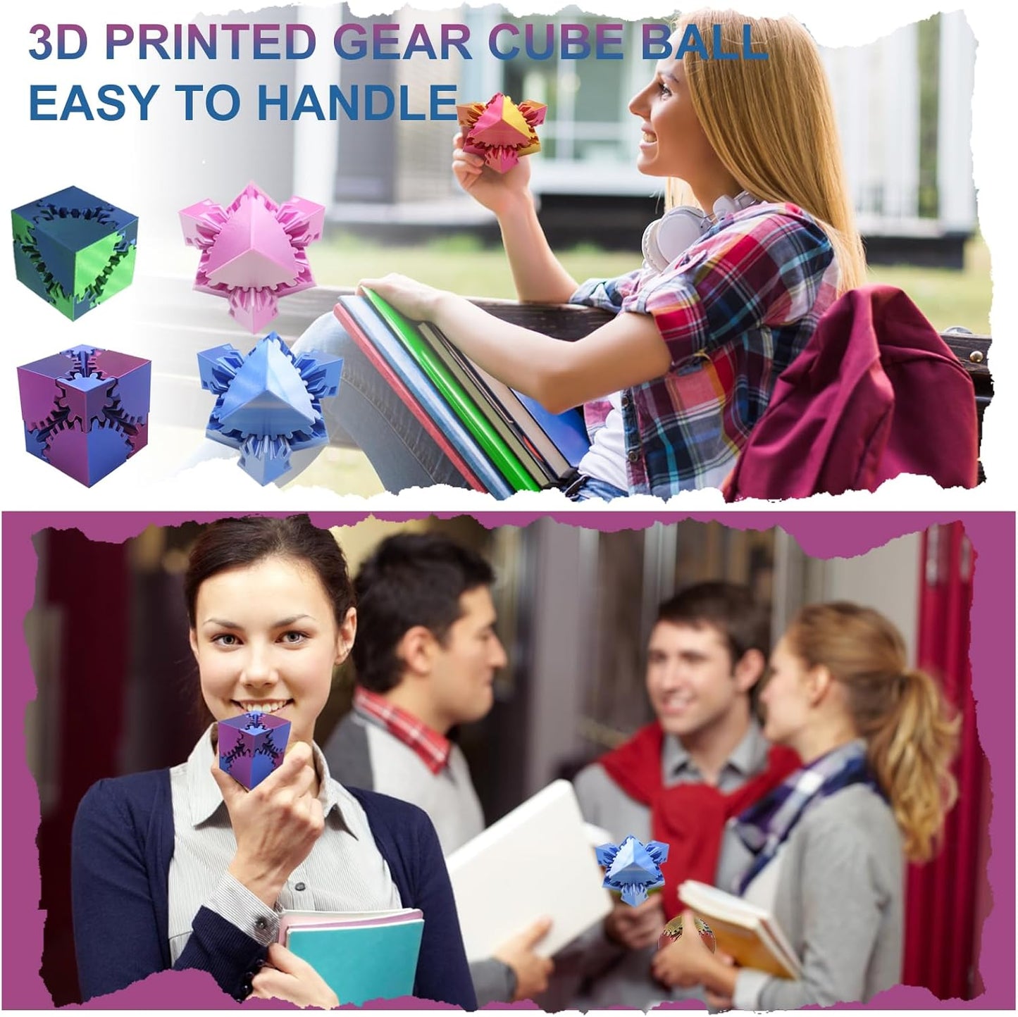 Gear Sphere Gear Cube 3D Printed Gear Ball Spin Cube Fidget Toy Relieving Stress & Anxiety, Fidget Cube GearSphere Desk Toy, Whirling Wonder Fidget for Sensory and Autism (Laser Red Gold)