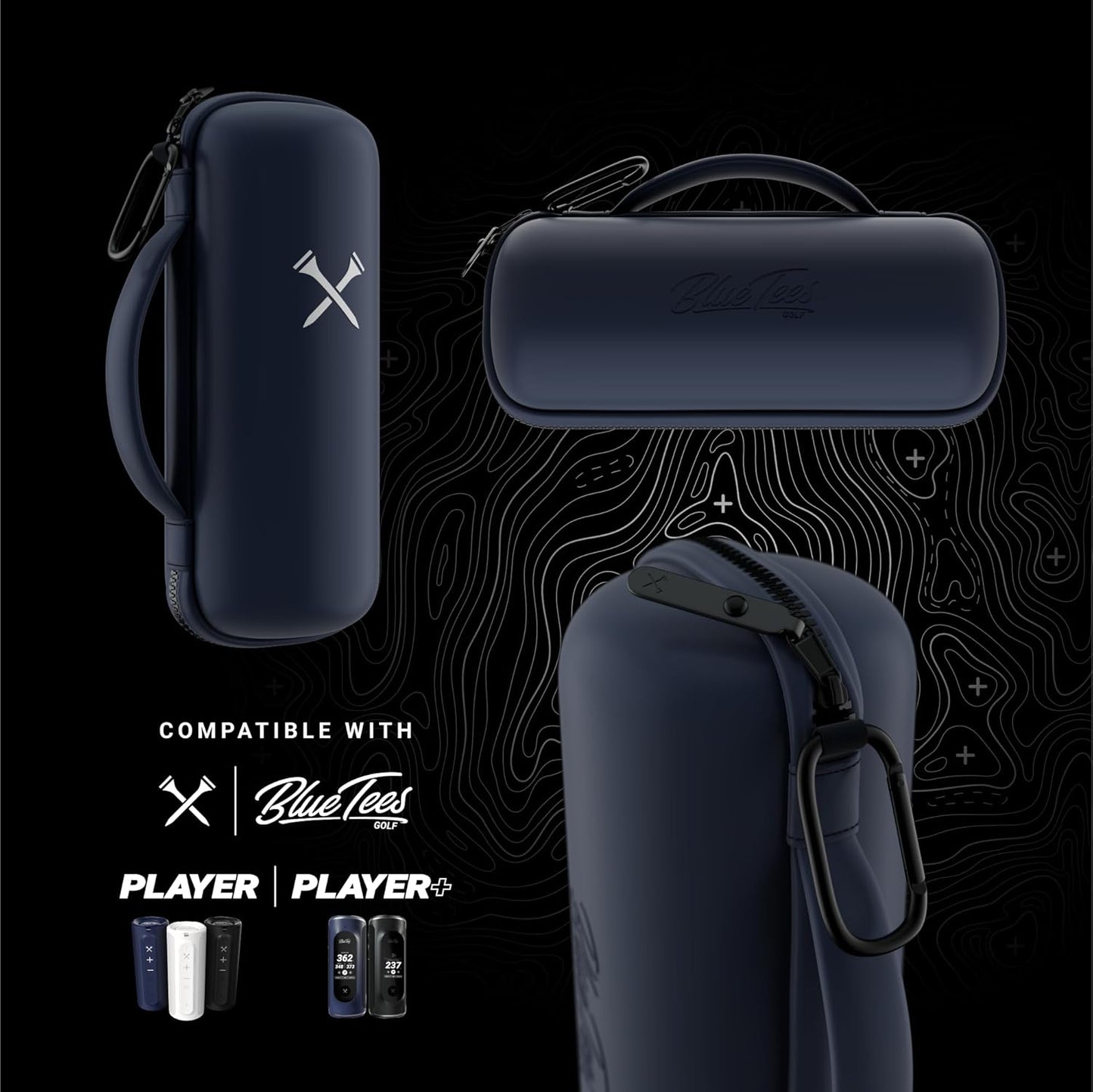 Blue Tees Golf GPS Case Compatible with Player+ GPS Speaker - Hard Carrying Protective Case, Advanced Security with Internal Magnetic Plate, Equipped with Carabiner Clip (Case Only) (Navy)