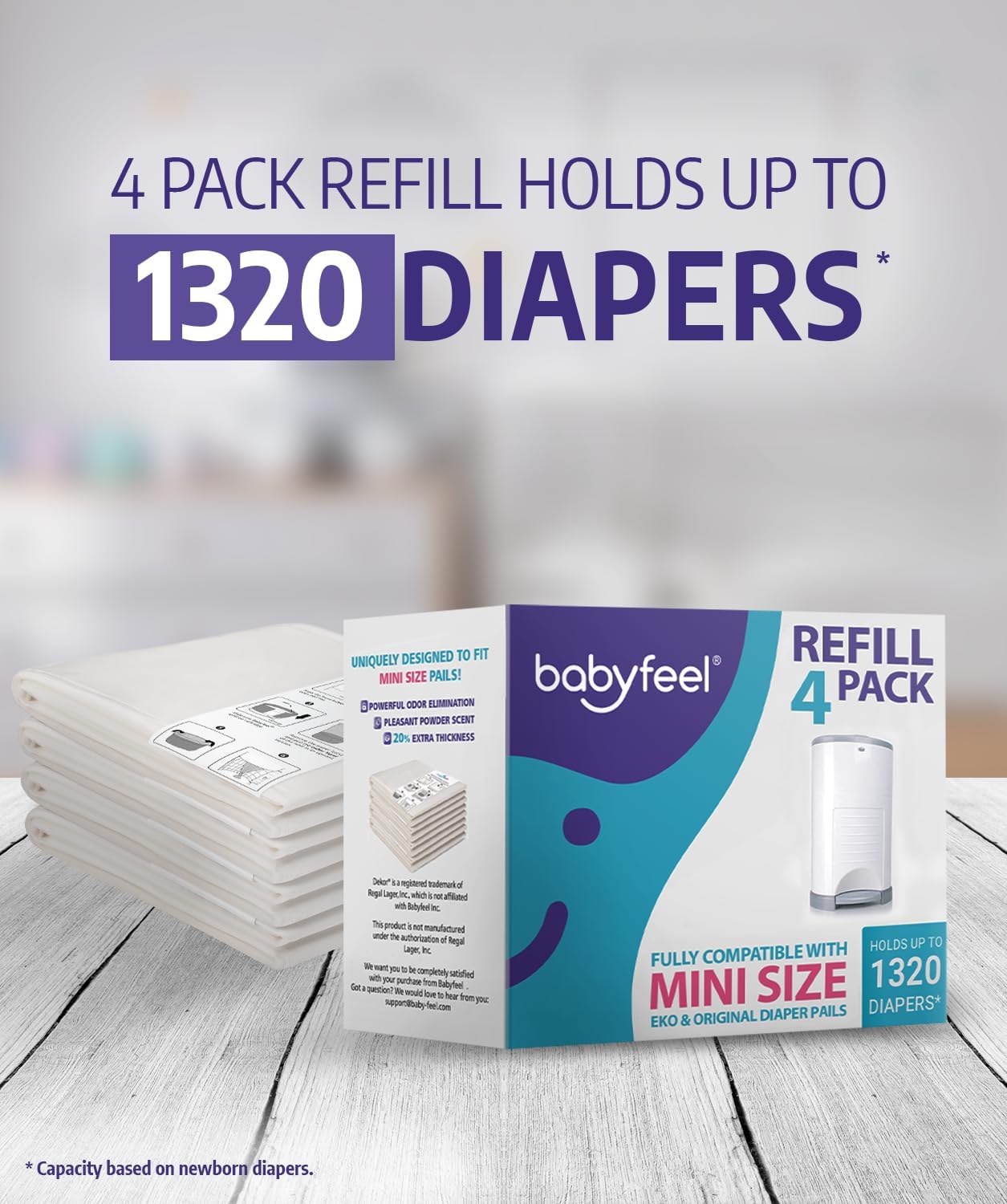 Babyfeel Refills Compatible with DEKOR MINI Diaper Pails | 4 Pack | Exclusive 20% Extra Thickness | Diaper Pail Refills with Powerful Odor Elimination | Powder Scent | Holds up to 1320 Diapers