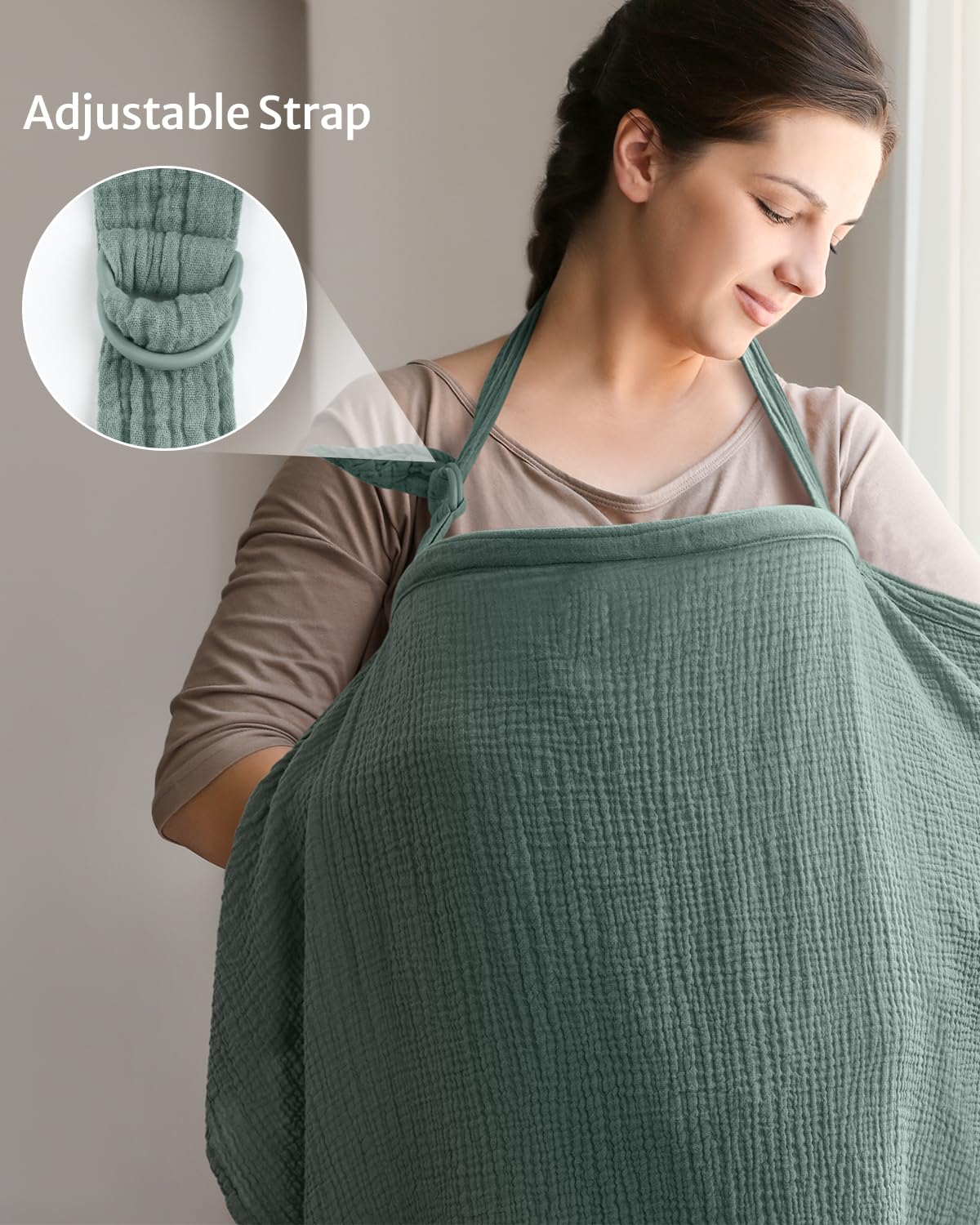Blissful Diary Muslin Nursing Cover for Breastfeeding, Breathable Breastfeeding Cover up with Arch Neckline for Women, Nursing Apron (Roman Green)