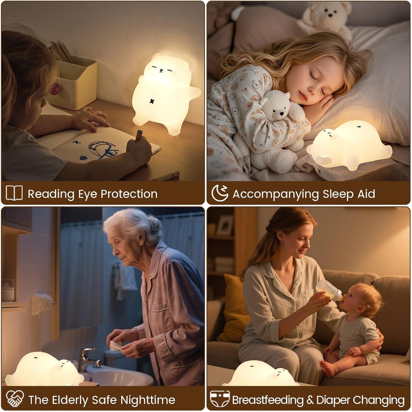 Snoring Bear Night Light – Adorable Gift for Kids, Babies, Moms & Seniors – Soft Silicone Sleep Lamp with Sound, 3 Brightness Levels, 30-Min Timer – BPA-Free Bedside Nightlight