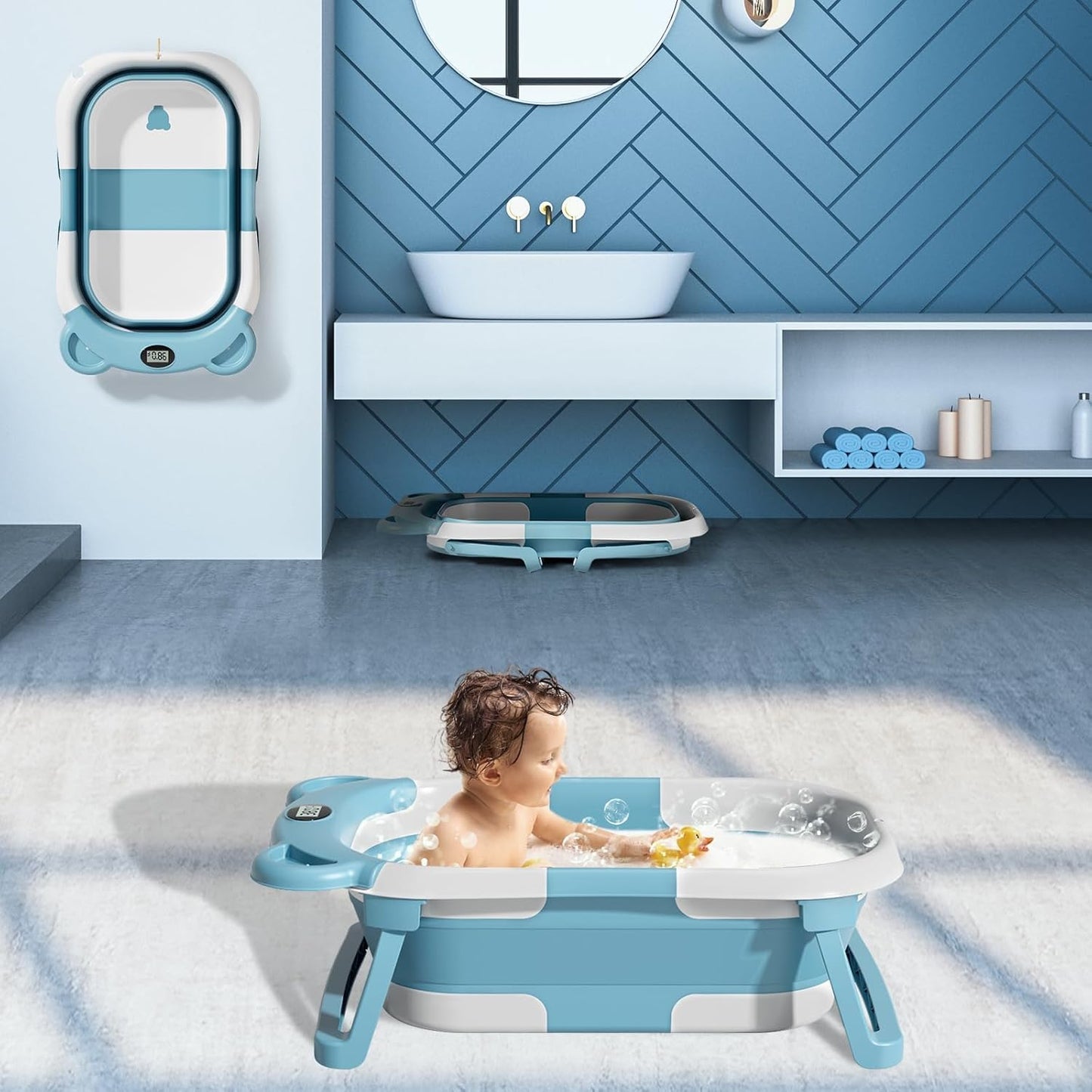 TPN Collapsible Baby Bathtub for Infants to Toddler with Real-time Temp Monitor+Floating Cushion,Foldable Baby Bath Tub Set Applicable 0-36 Month,Perfect Portable Travel Baby Tub for Newborns Boy