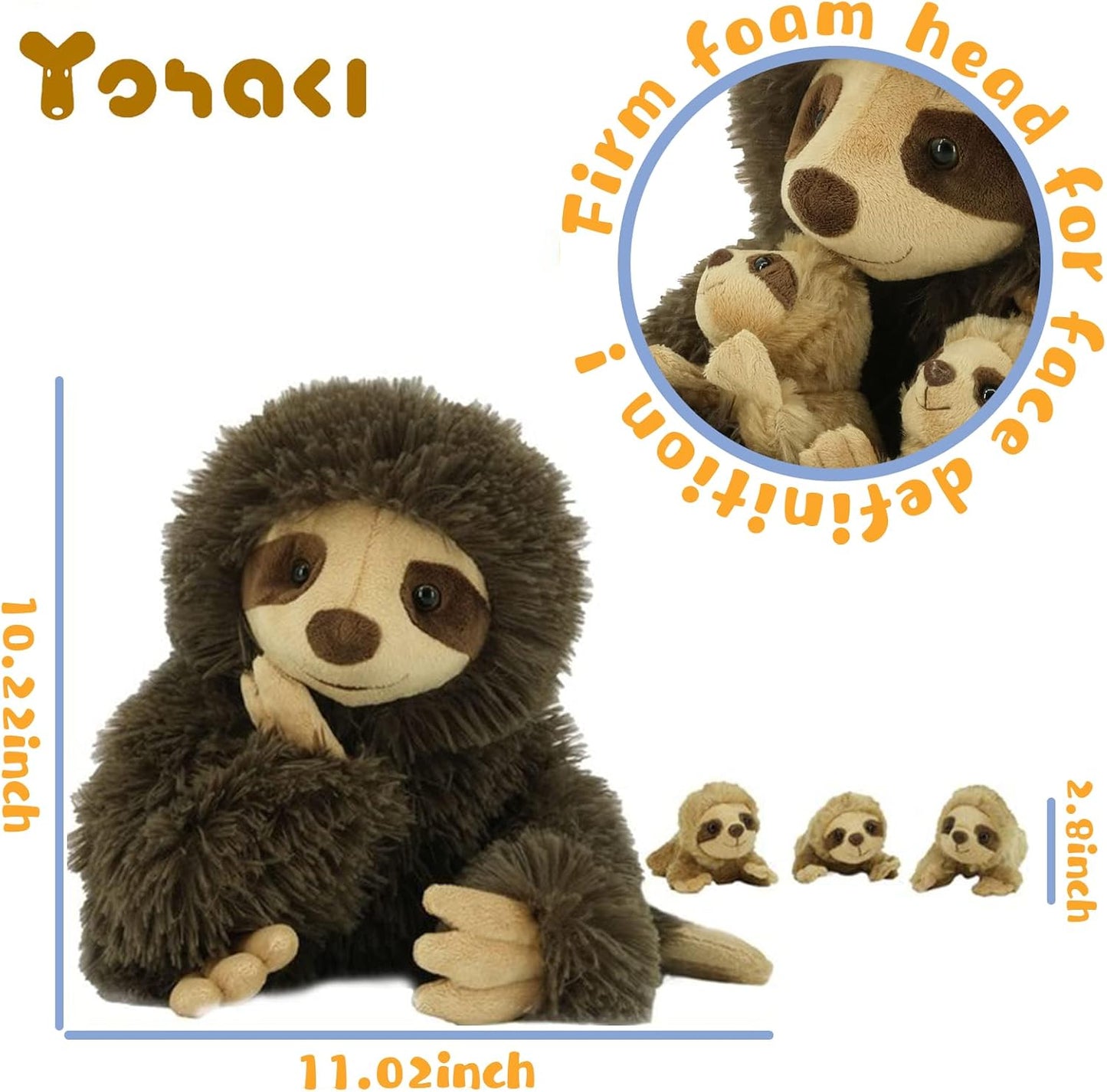 Sloth Plush Animal, 11.02" Cute Stuffed Sloth with 3 Baby Sloths, Easter Stuffed Sloth Animal, Washable Plush Toys, Cute Three Toed Sloth Birthday Gifts for Kids Boys and Girls, Brown
