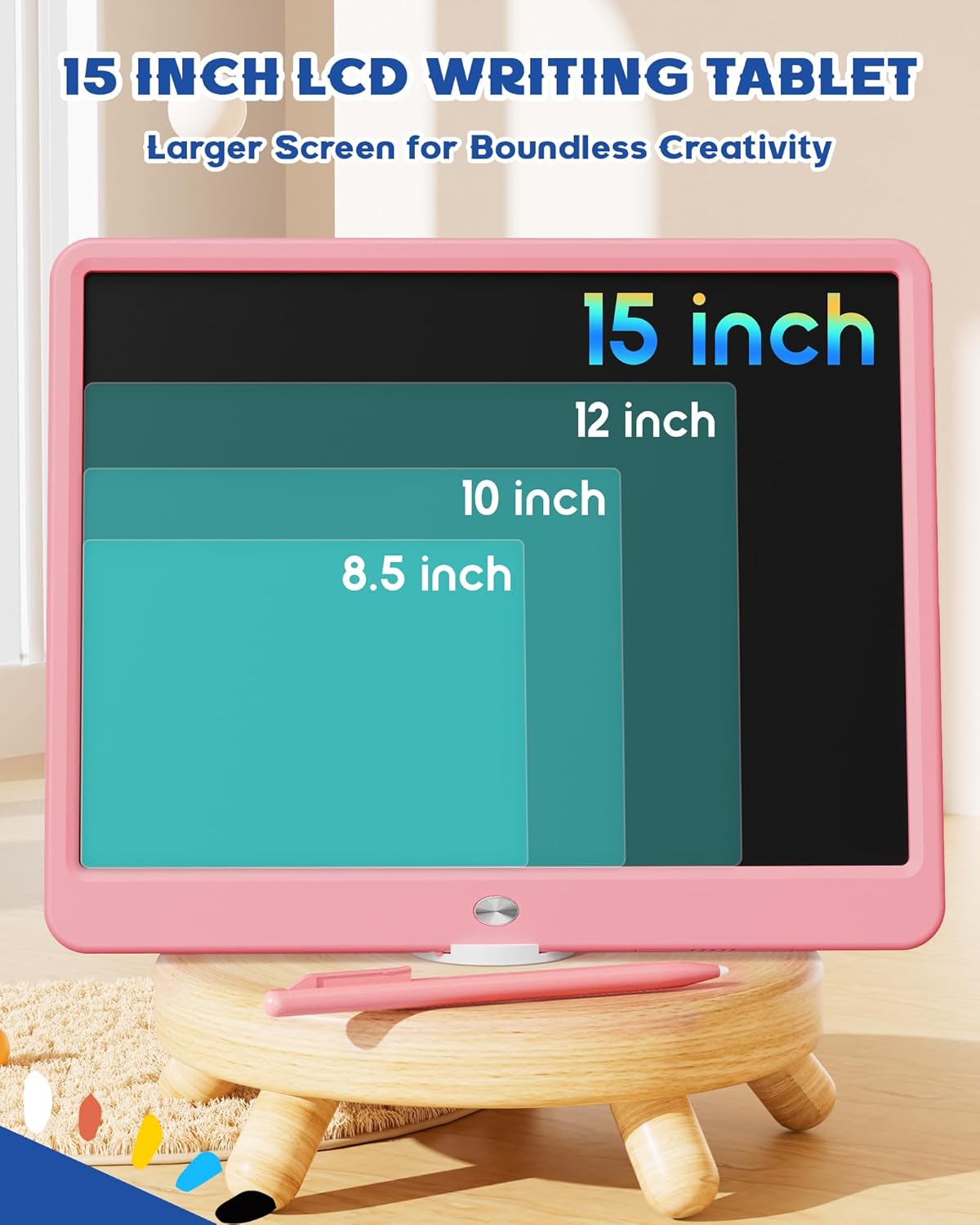 Bravokids 15 Inch LCD Writing Tablet for 3 Year Olds - Electronic Drawing Pad and Doodle Board as Educational Birthday Gifts for Girls and Boys (Pink)
