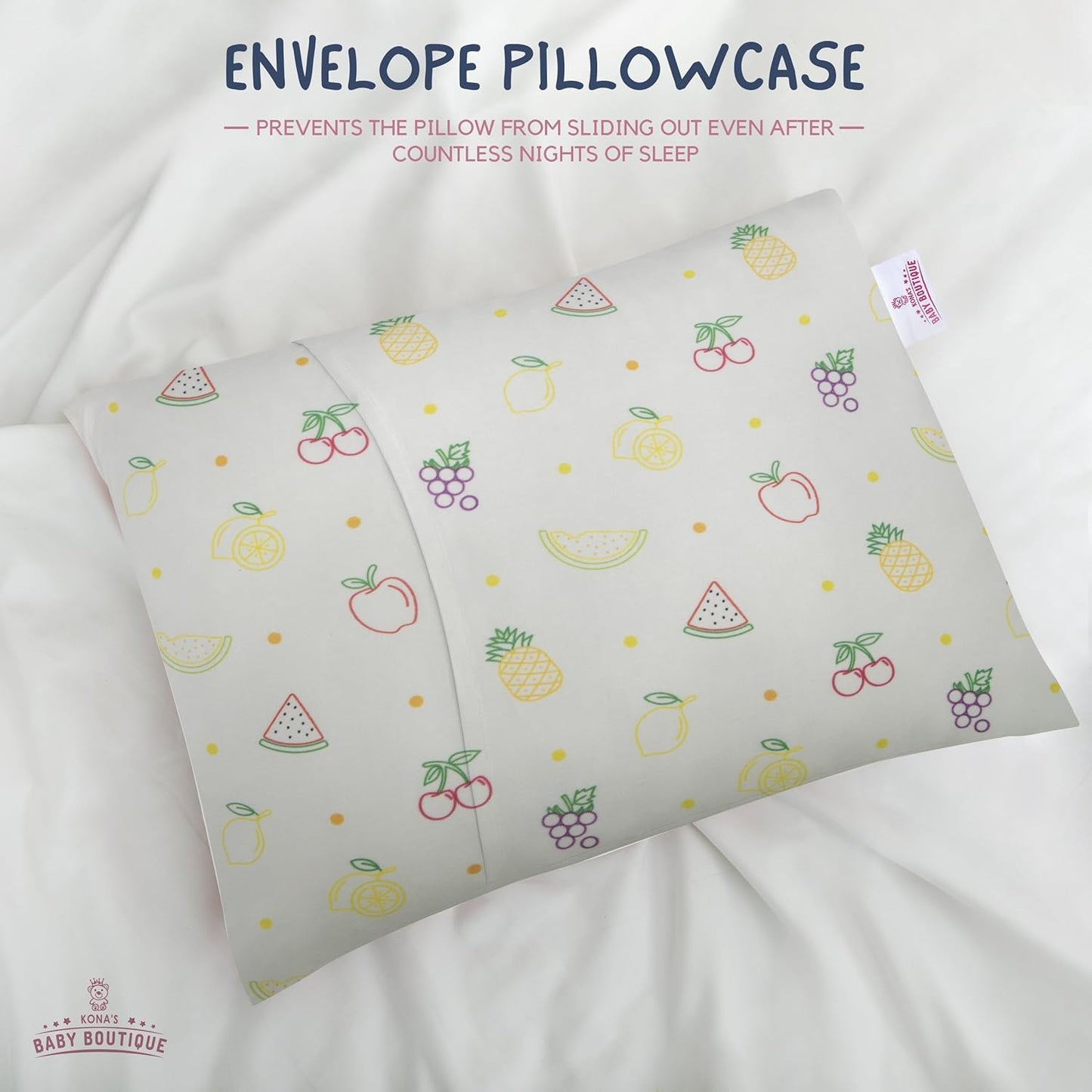 Yellow Fruits - Kona's Perfect Toddler Pillow with Softest Toddler Pillowcase - 13 x 18 inch Toddler Pillow - Toddler Pillow 2 Year Old, Toddler Pillow 3 Year Old