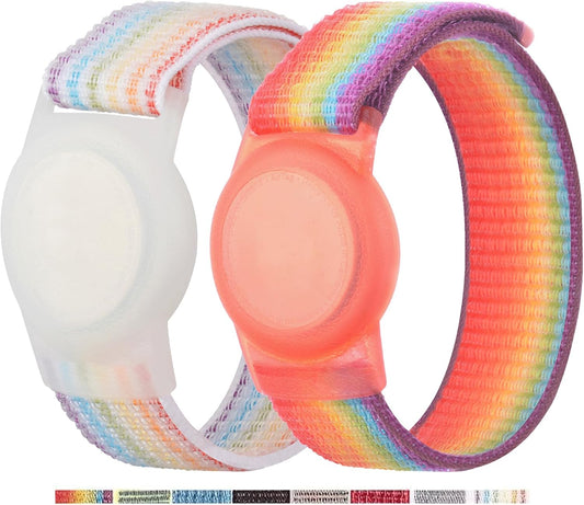 2 Pack AirTag Bracelet for Kids, Apple Air Tag Protective Cover with Nylon Wristband, Anti Lost GPS Trackers Case Cover Elastic Watch Band for Toddlers Girls Boys Elders (Rainbow)