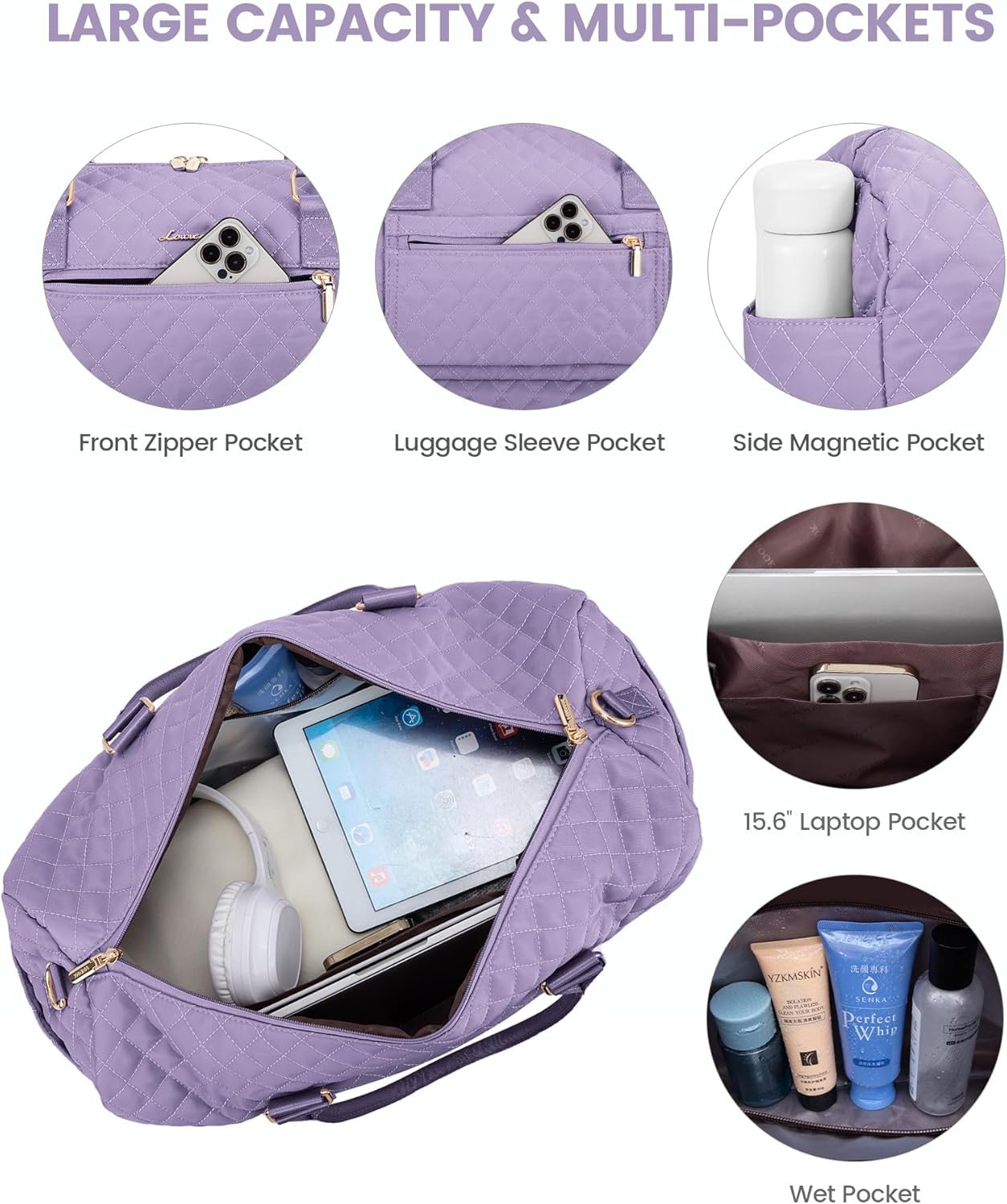 LOVEVOOK Travel Duffle Bag for Women, Weekender Overnight Bag with Shoe Compartment, Carry on Bag with Toiletry Bag, Gym Duffel Bag with Wet Pocket, Hospital Bags for Labor and Delivery 3 Pcs Set