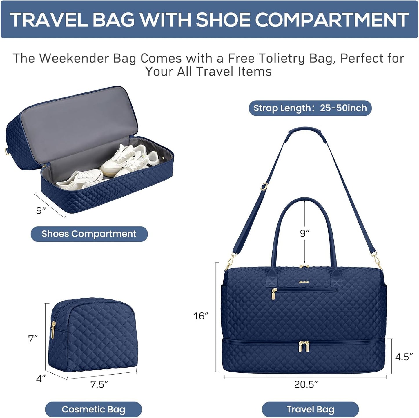 Travel Weekender Bags for Women - Carry on Overnight Bags with Shoe Compartment Duffle Bag with Laptop Pocket Hospital Bag for Labor Delivery Gym Tote Bag with Toiletry Bag Blue