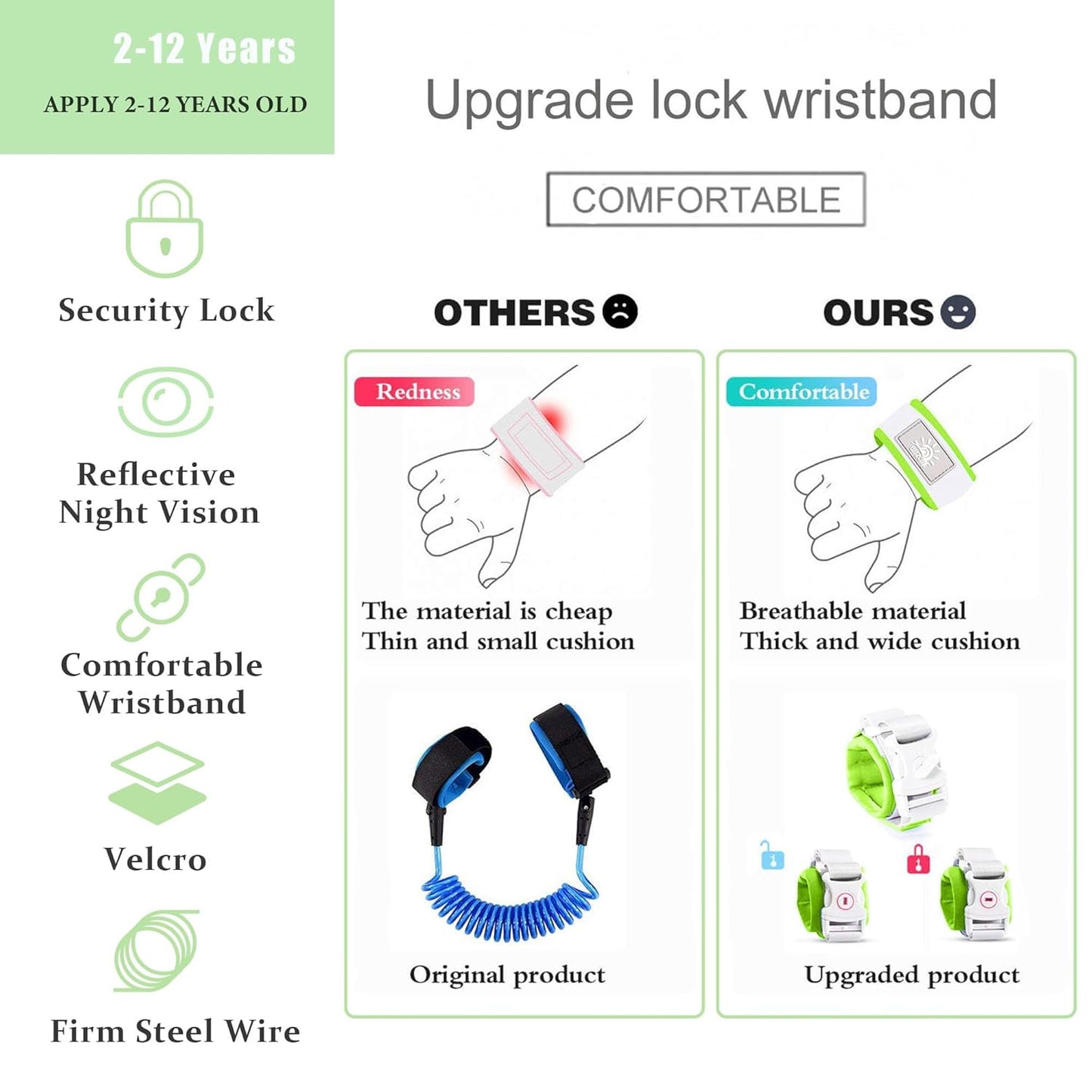 Toddler Harness Walking Leash- Child Anti Lost Wrist Link - Child Safety Harness - Upgrade with Reflective(6.5ft) - for Boys and Girls,Not Easy to Open Without Key (Green)