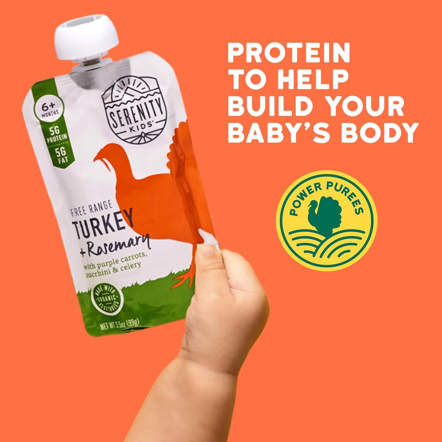 Serenity Kids 6+ Months Baby Food Pouches Puree - Free Range Turkey & Organic Rosemary Blend With Purple Carrot & Zucchini - No Added Sugar & BPA-Free Pouches - 3.5 Oz, 12 Pack