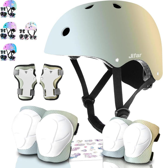 Adjustable Kids Bike Helmet with Knee & Elbow Pads Set, Color Gradient Design for Boys and Girls Aged 3-14+, for Skateboarding, Scooter, Roller & Inline Skating, Longboard