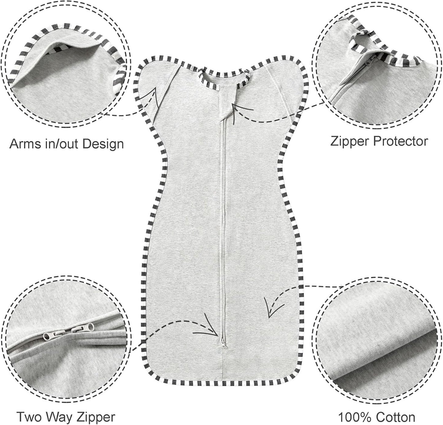 Transition Swaddle, 2 Pack 100% Cotton Baby Sleep Sack, 2-Way Zipper Infant Arm Up Swaddle for Newborn Baby Boys Girls (Light Grey + Estate Blue, L(6-9 Months))