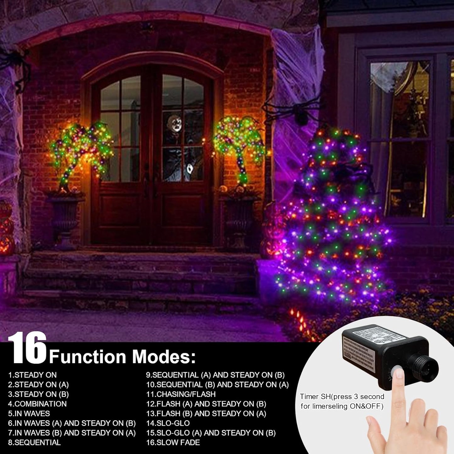 33ft Halloween Decorative Mini Lights, 100 LED Clear Wire Fairy Starry String Lights Plug in, 16Lighting Modes for Halloween Outdoor Party Decoration (Orange/Purple/Green)