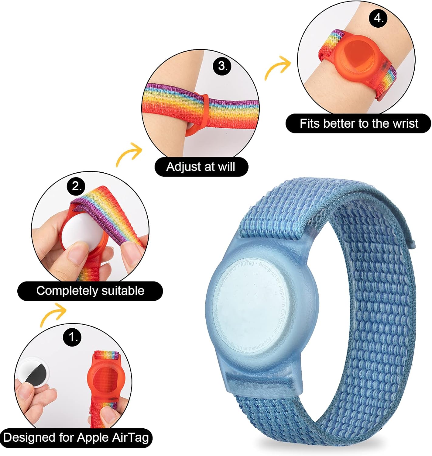 AirTag Bracelet for Kids, Apple Air Tag Protective Cover with Nylon Wristband, Anti Lost GPS Trackers Case Cover Elastic Watch Band for Toddlers Girls Boys Elders (Blue)