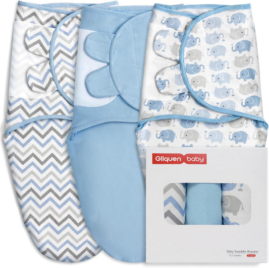 GLLQUEN BABY Swaddle Sleep Sack - 3 Pack Infant Swaddles for Newborn, Baby Swaddling Sack 0-3 Months, Ergonomic Newborn Swaddle Blanket for Baby Boy and Girl, Blue & Elephants
