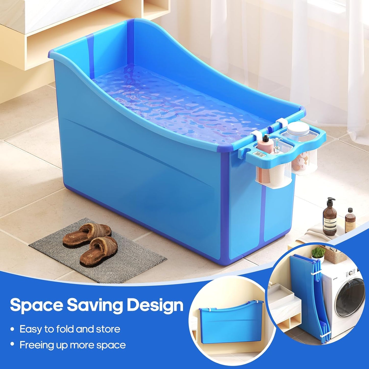 Collapsible Baby Bathtub Foldable Bathtub for Toddler Portable Large Foldable Bath Tub Bathtub for Kids Petite with Thermometer and Storage Basket (Blue)