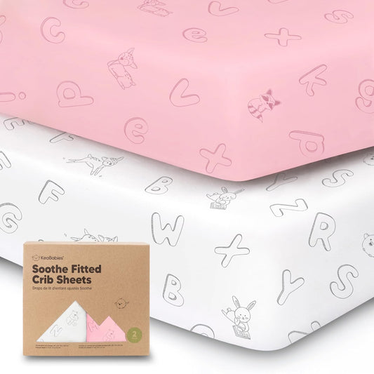 KeaBabies 2-Pack Organic Crib Sheets for Boys, Girls - 52x28 Fitted Crib Mattress Sheet Neutral, Breathable Jersey Cotton Cover for Baby Bed, Toddler Mattress, Soft & Cute Prints (ABC Land Rose)