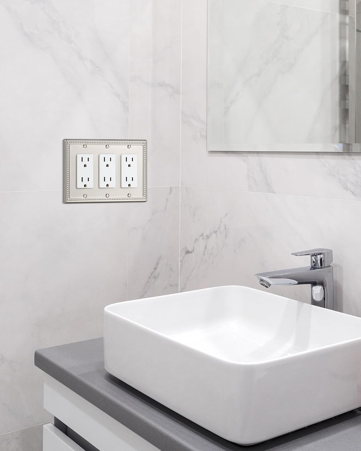 2-Pack Triple Decorator Outlet Cover Plate, Brushed Nickel Pearls Decorative Switch Plates and Outlet Covers, Metal Wall Plates for Electrical Outlets.