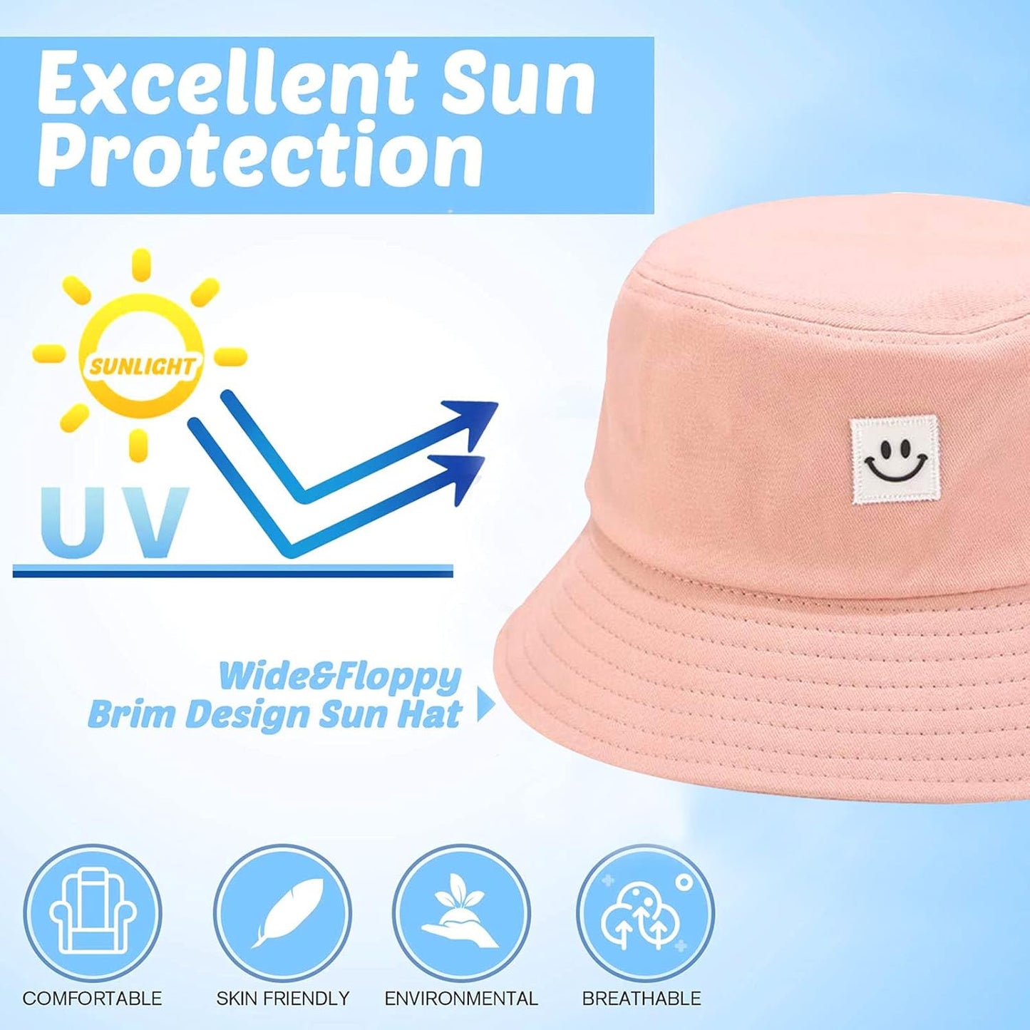 Kids Sun Hat Smile Face Bucket Hat for Girls Boys Summer Sun Protection Cotton Unisex Beach Cap
