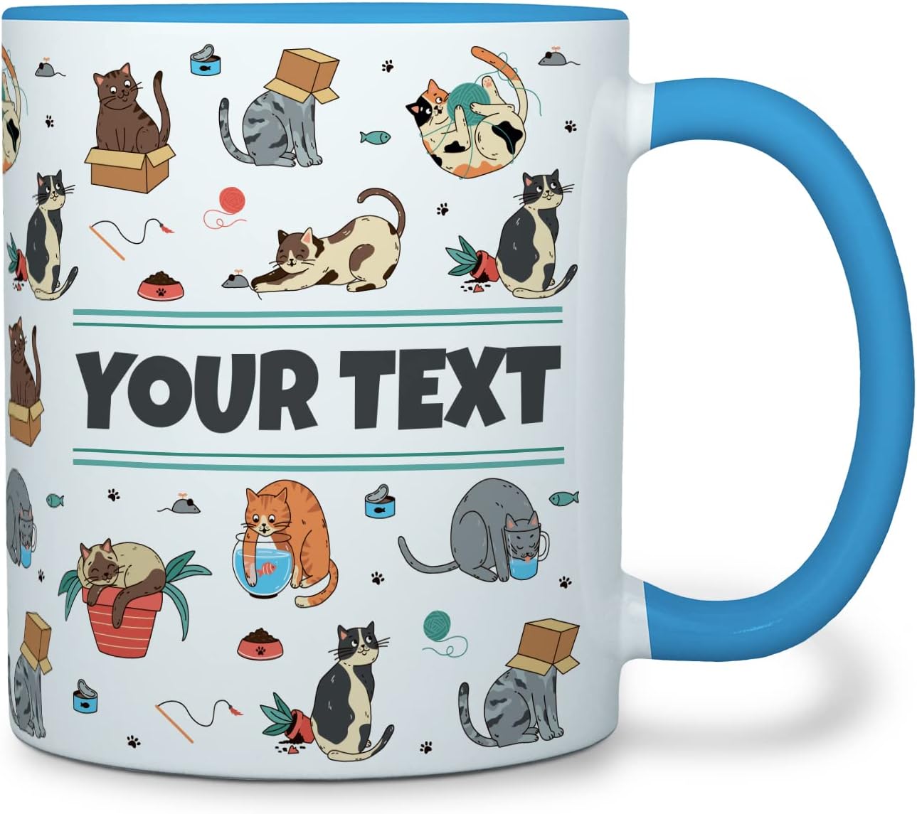 Personalized Mug for Kids - Cats - Custom Name/Text, Ceramic Hot Chocolate/Cocoa/Coffee Cup for Boys/Girls, Birthday/Christmas/Holiday Gift - 11 oz, Light Blue Handle