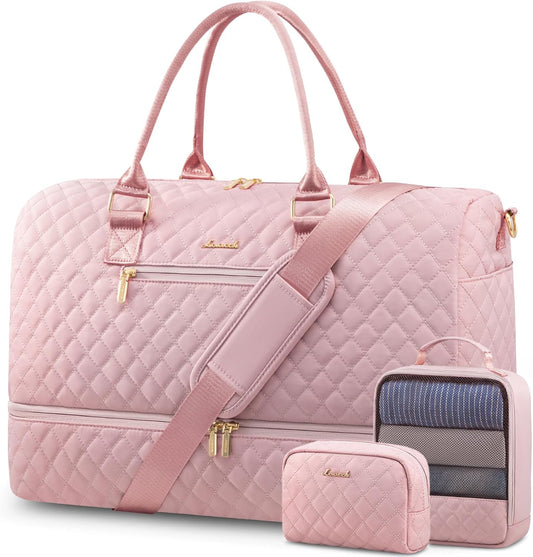 LOVEVOOK Travel Duffle Bag for Women, Weekender Overnight Bag with Shoe Compartment, Carry on Bag with Toiletry Bag, Gym Duffel Bag with Wet Pocket, Hospital Bags for Labor and Delivery 3 Pcs Set