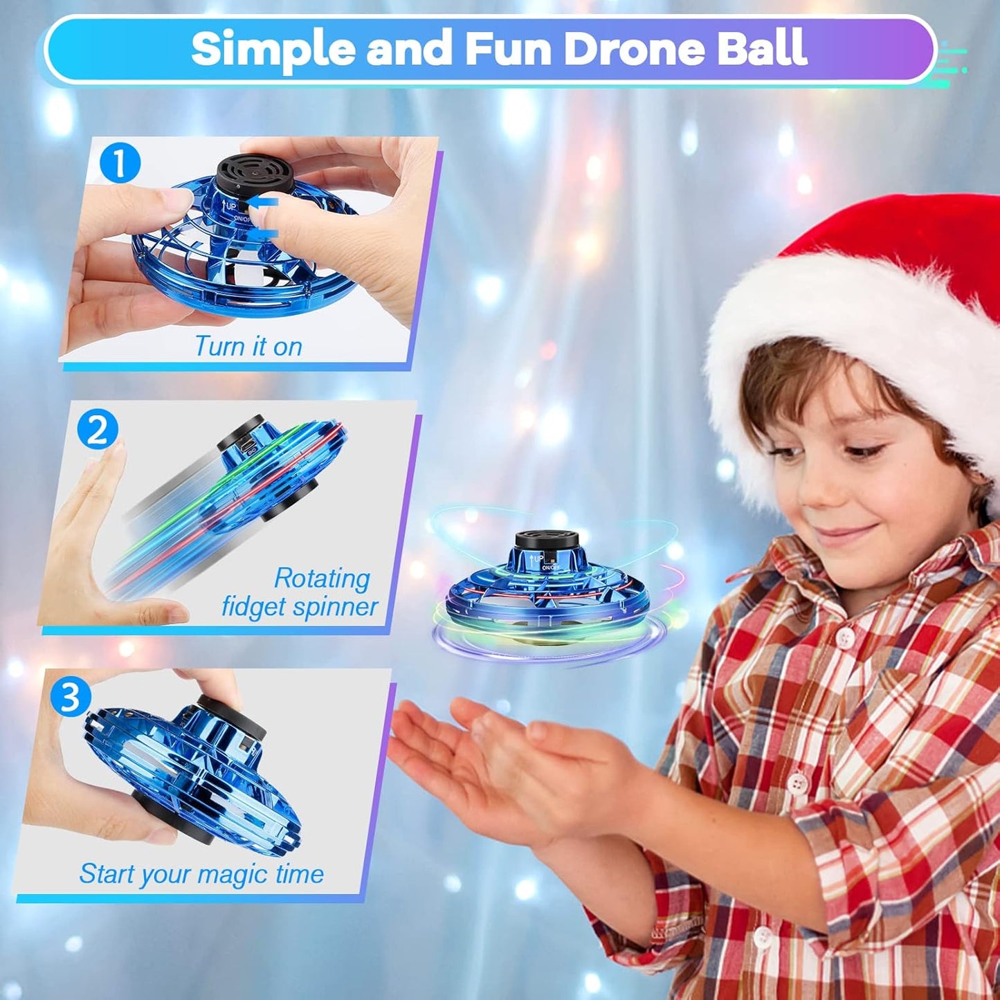 Flying Fidget Spinner,2024 Upgraded Flying Spinner Mini Hand Drone with 360 ° Rotating and LED Lights Outdoor Indoor Toy,Mini UFO Toy Drone for Boys Girls Adults (Blue)