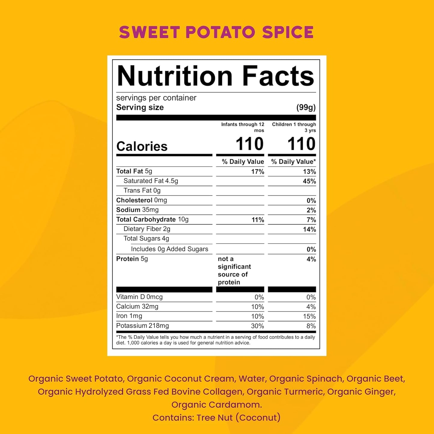 Serenity Kids 6+ Months Dairy-Free Smoothie Baby Food | USDA Organic | Grass Fed Collagen Protein | 3.5 Ounce BPA-Free Pouch | Sweet Potato Spice | 12 Count