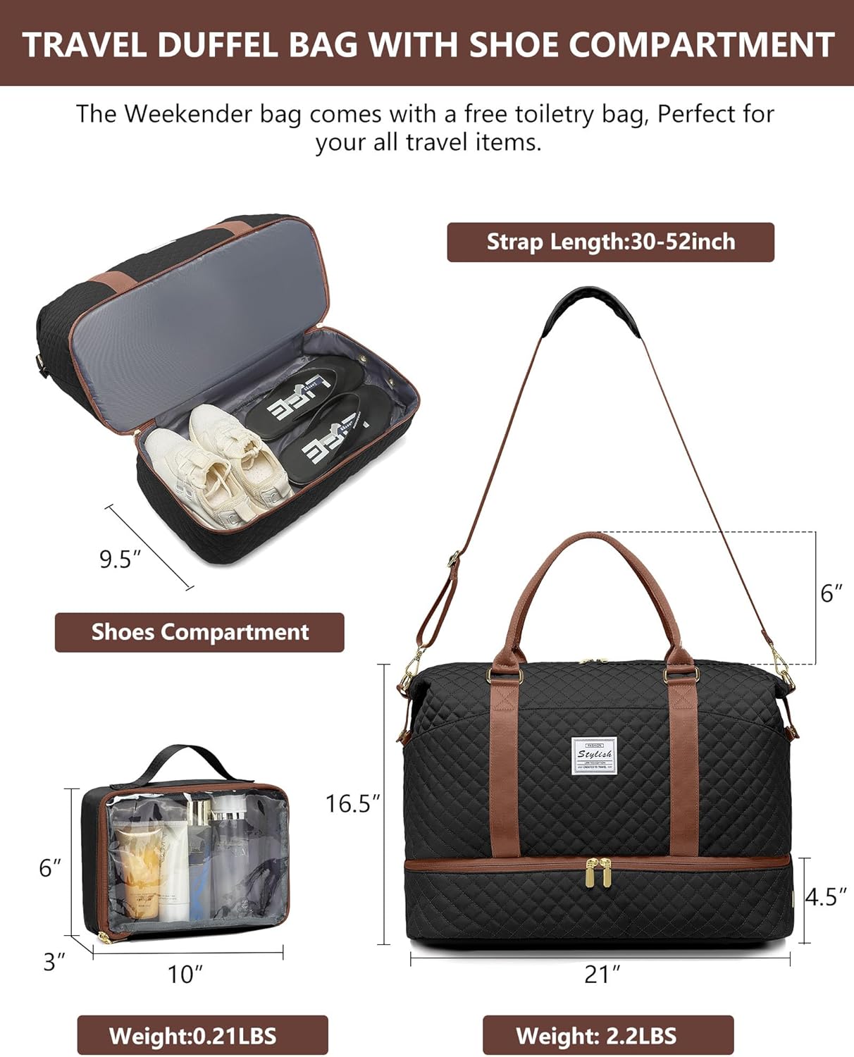 Travel Duffle for Women Weekender Bags - Large Duffel Overnight Bag with Shoe Compartment Carry on Tote Toiletry Weekend Yoga Gym Bags with Wet Pocket Hospital for Labor and Delivery Black Brown