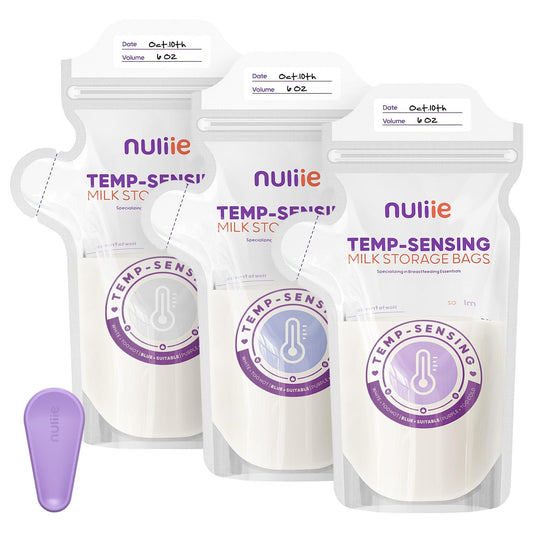 Nuliie 60pcs Temp-Sensing Breastmilk Storage Bag, Huge Temp-Sensing Icon & Locking Clamp, 6oz Breast Milk Storage Bags Freezer Pour Spout, Self Standing Milk Storage Bags Breastmilk, BPA-Free No-Leak
