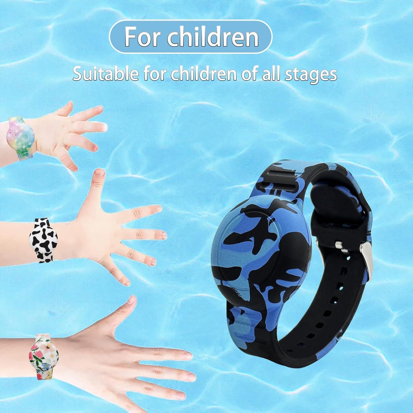 Waterproof AirTag Bracelet for Kids, Soft Silicone Air Tag Hidden Holder Case Compatible with Apple Airtag, Adjustable Anti-Lost Printed Strap GPS Traker for Toddler Child(Camouflage Blue)