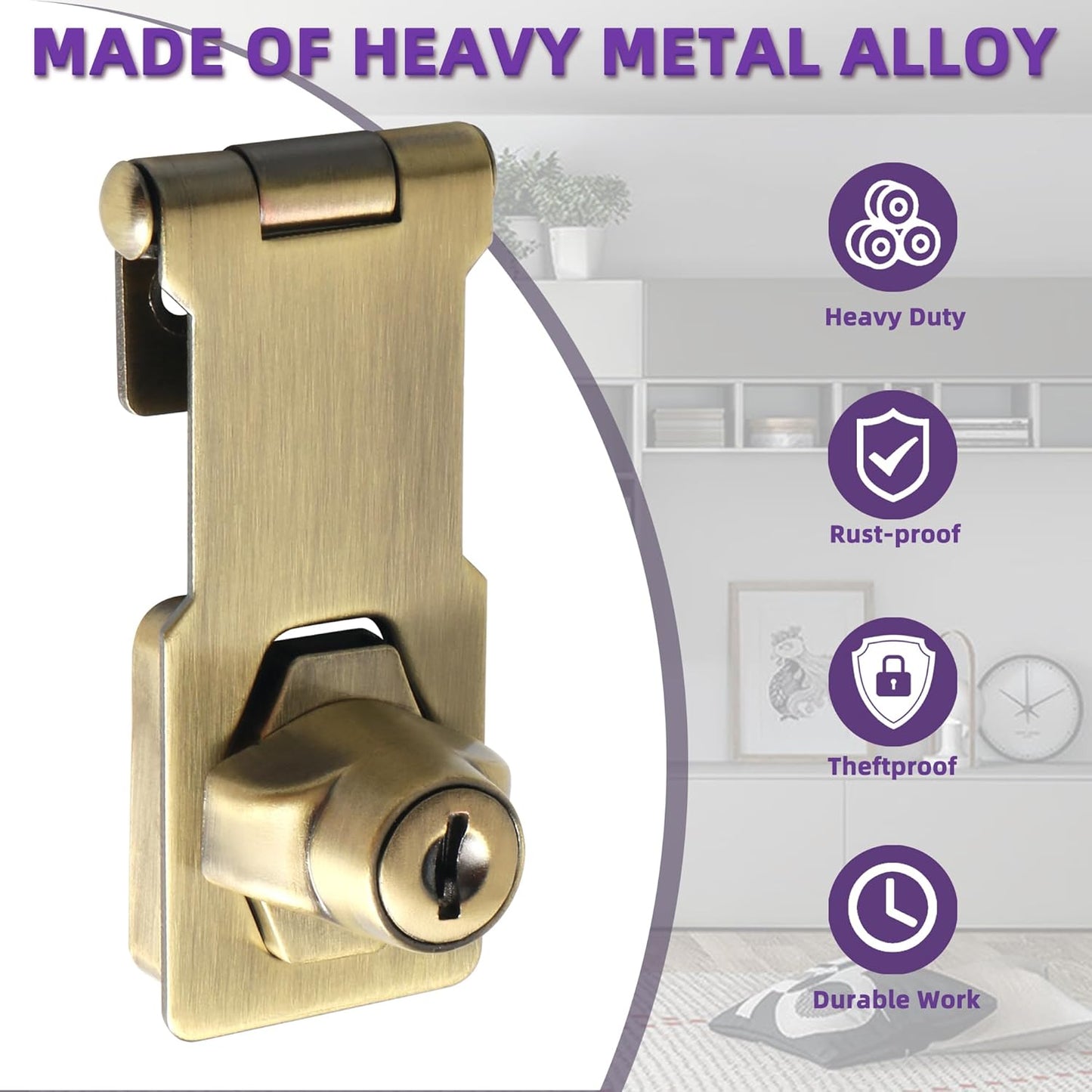 Alise Keyed Hasp Lock,3 Inch Safety Packlock Clasp Hasp Lock Latch with Lock,Door Hinge Lock with Keys Keyed Locking Hasp for Cabinets Closets Doors,Bronze