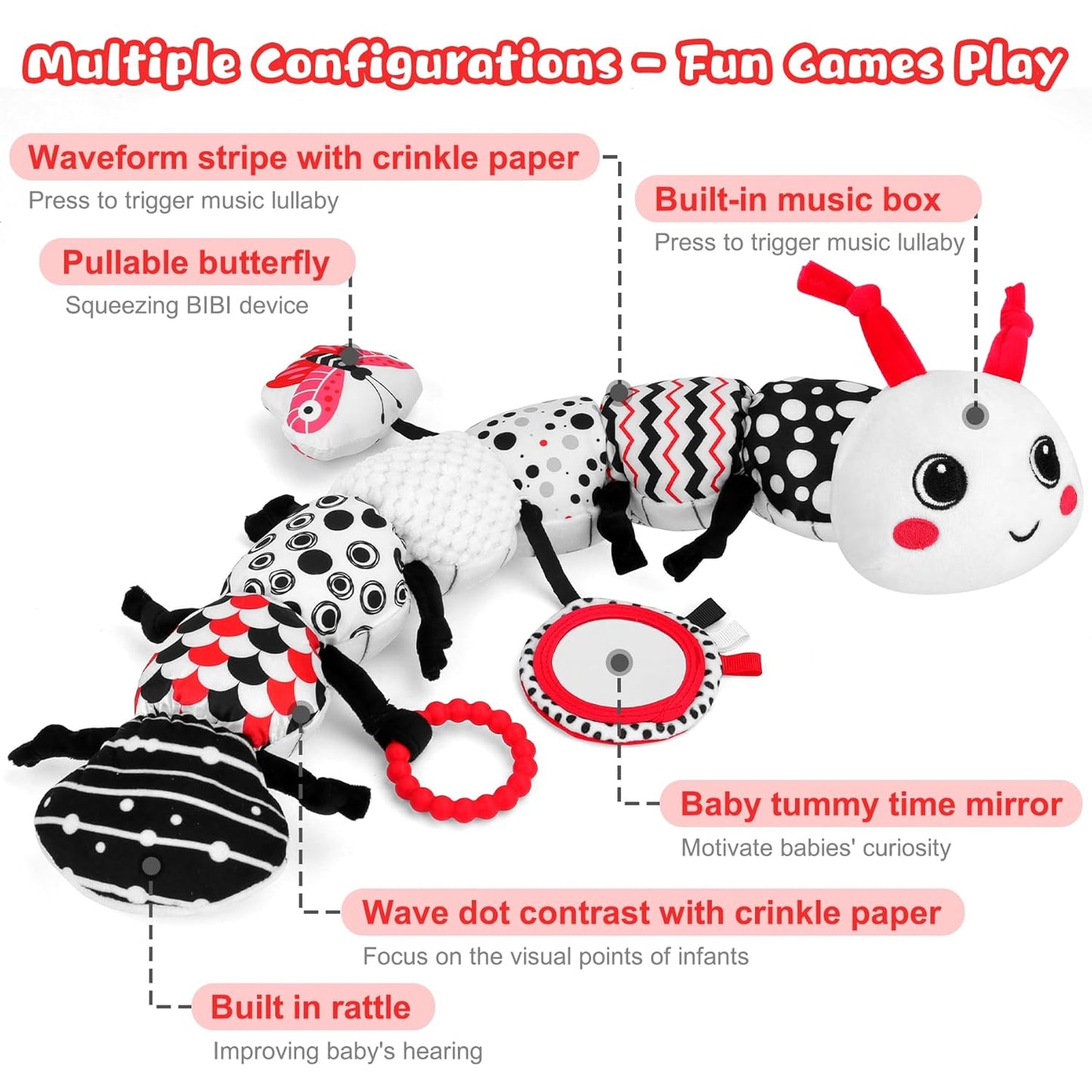 Baby Toys 0-12 Months - Musical Caterpillar Stuffed Animal Soft Plush Toys for Infant Girls Boys 3 6 12 Months Tummy Time Sensory High Contrast Black White Newborn Toys Gifts, W/ Mirror Rattle
