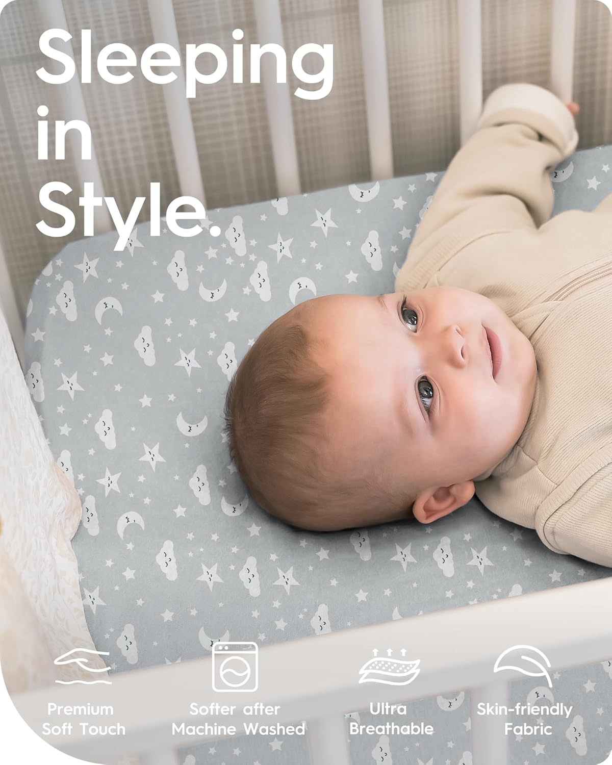 Pack and Play Sheets Fitted, TotBasic Buttery Soft Portable Crib Sheets, Compatible with Graco Pack n Play Playard Crib & Other 27 x 39 Inch Playpen Mattress, 2 Pack Playard Sheets(Grey Stars & Moon)