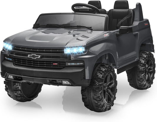 Hetoy 24V 2-Seater Truck Licensed Chevrolet Silverado Ride On Car Toy w/Parent Remote Control,4xSpring Suspension, 3 Speeds, Wireless Music, MP3 Player, Electric Vehicle Car for Kids,Grey