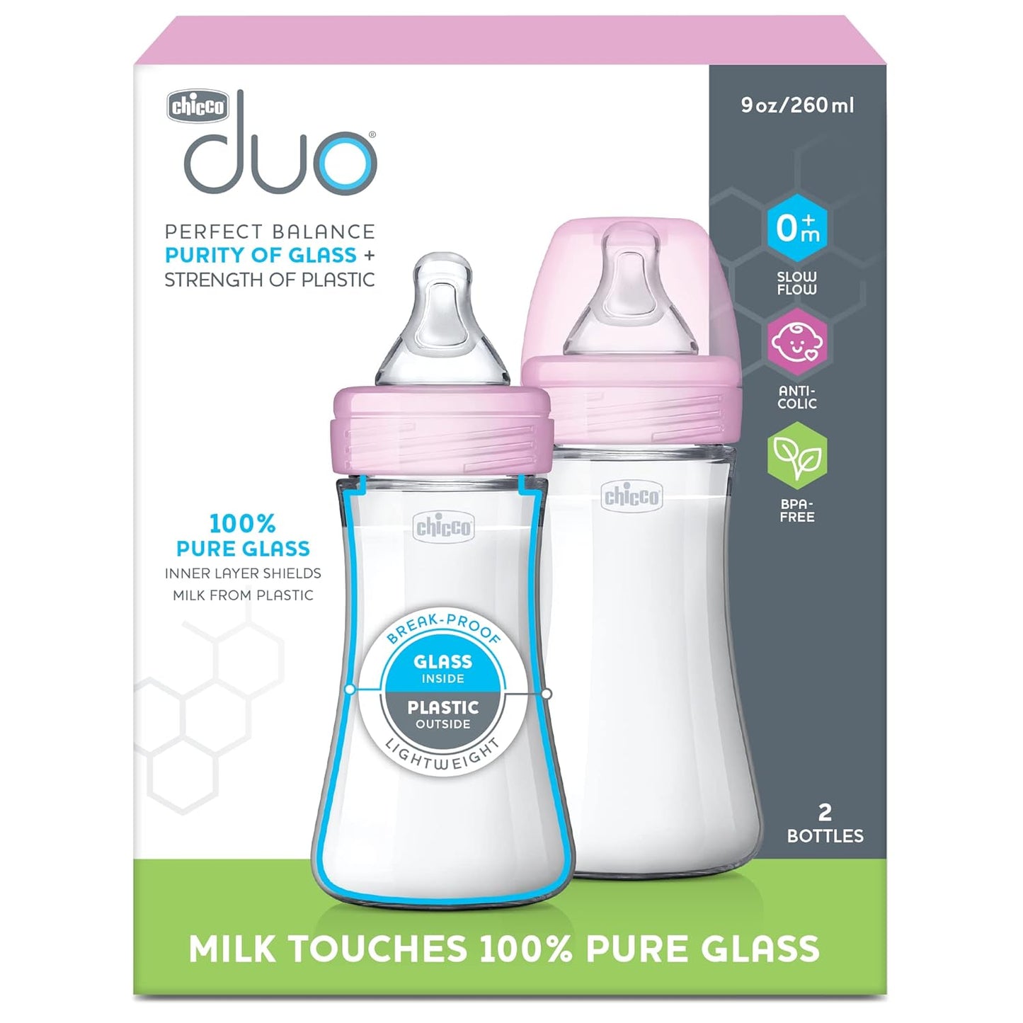 Chicco Duo 9oz. Hybrid Baby Bottle with Invinci-Glass Inside and Plastic Outside | Dishwasher, Bottle Warmer, and Electric Sterilizer Safe | Intui-Latch Nipple | Clear/Pink, 2pk