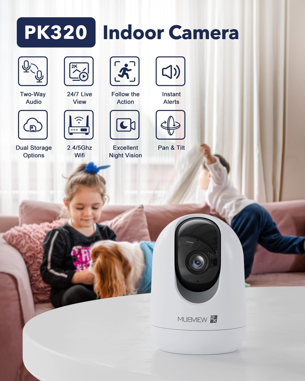 MUBVIEW Cameras for Home Security, Indoor Security Camera, 2.4/5GHz WiFi Wired Camera Ideal for Dog/Elder/Baby, Motion Tracking, Two-Way Audio, Pan Tilt, 7X24, 2K Night Vision