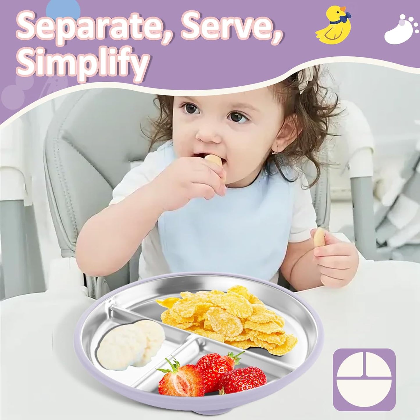 Stainless Steel Suction Plates for Toddlers, 9" Divided Kids Baby Plates with Removable Silicone Suction, Non Toxic Non Slip Portion Control Snack Dishes 3 Packs, Pink Beige Lilac